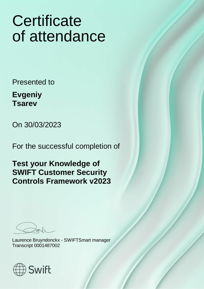 Certificate SWIFT 2023 Tsarev